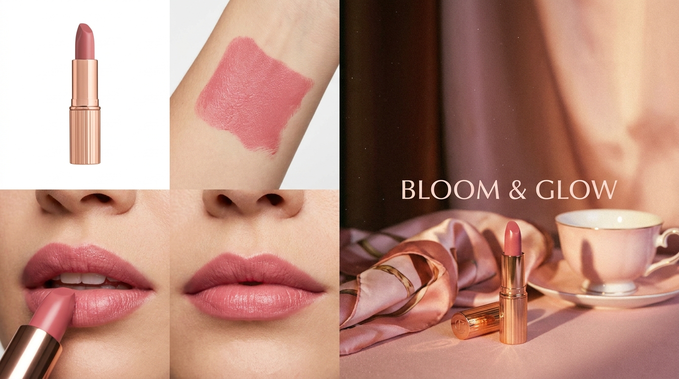  2x2 grid from the same lipstick product: a white-background packshot, a close-up texture/swatch shot on skin, an on-model application shot, and a styled lifestyle/mood shot with soft pink tones.
